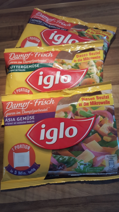 Drei Sorten des neuen Iglo Dampf-Frisch Gemüse
