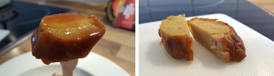 Detailansicht der Bratwurst von der Mühlen Currywurst