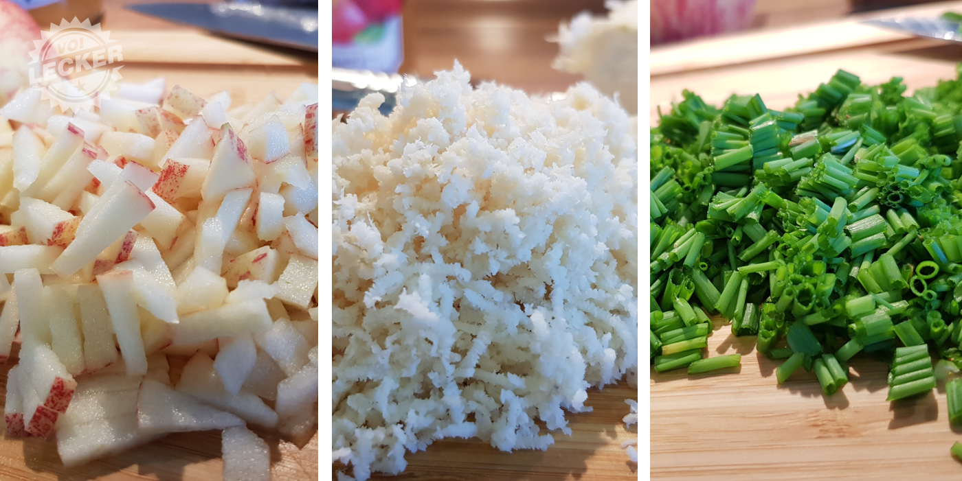 Apfelstücke, geraspelter Meerrettich und Schnittlauch
