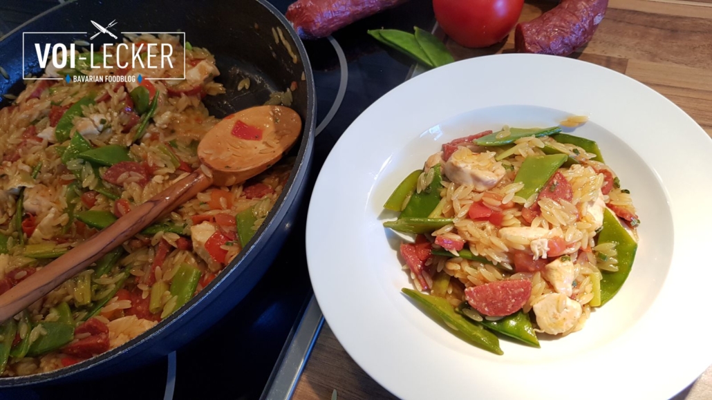 NudelPaella mit Huhn, Chorizo und Zuckerschoten OnePot Rezept