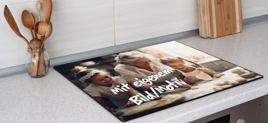 Herdabdeckung mit eigenem Motiv bedruckt. Herdabdeckplatte aus Vinyl mit eigenem Foto bedruckt.